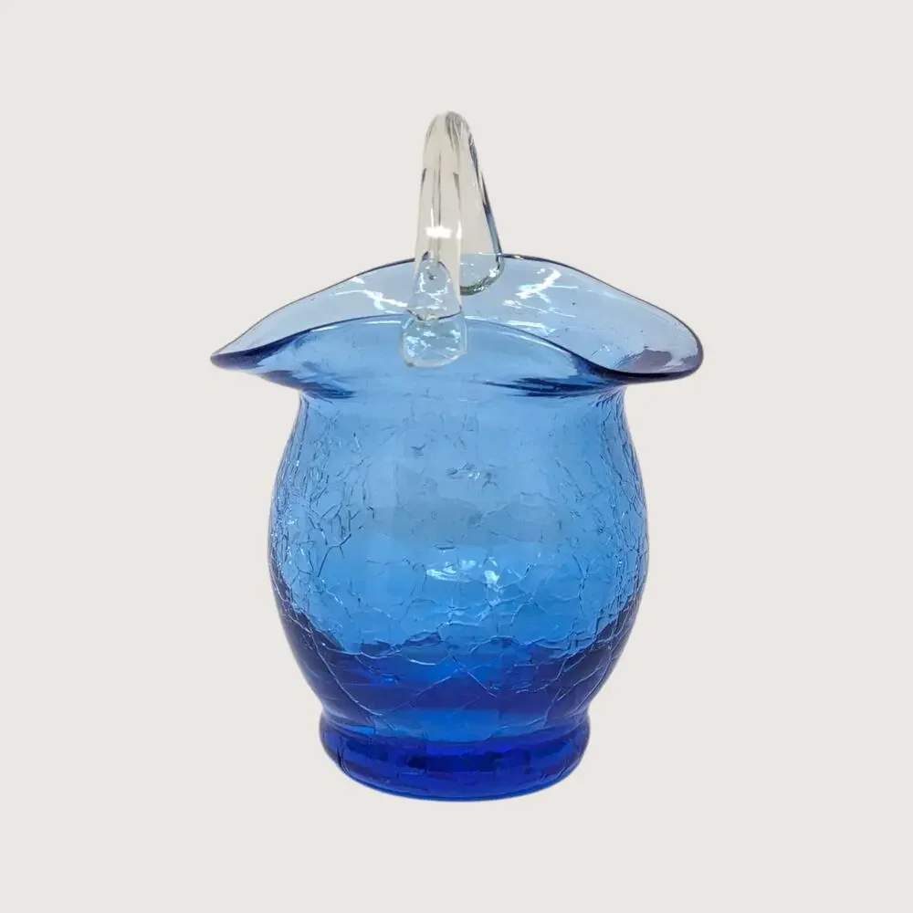 1960s Cobalt Blue Crackle Glass Mini Basket Clear Handle